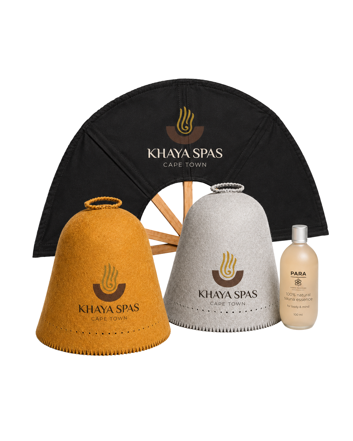 Khaya Spas sauna accessories — fan, hats and oil