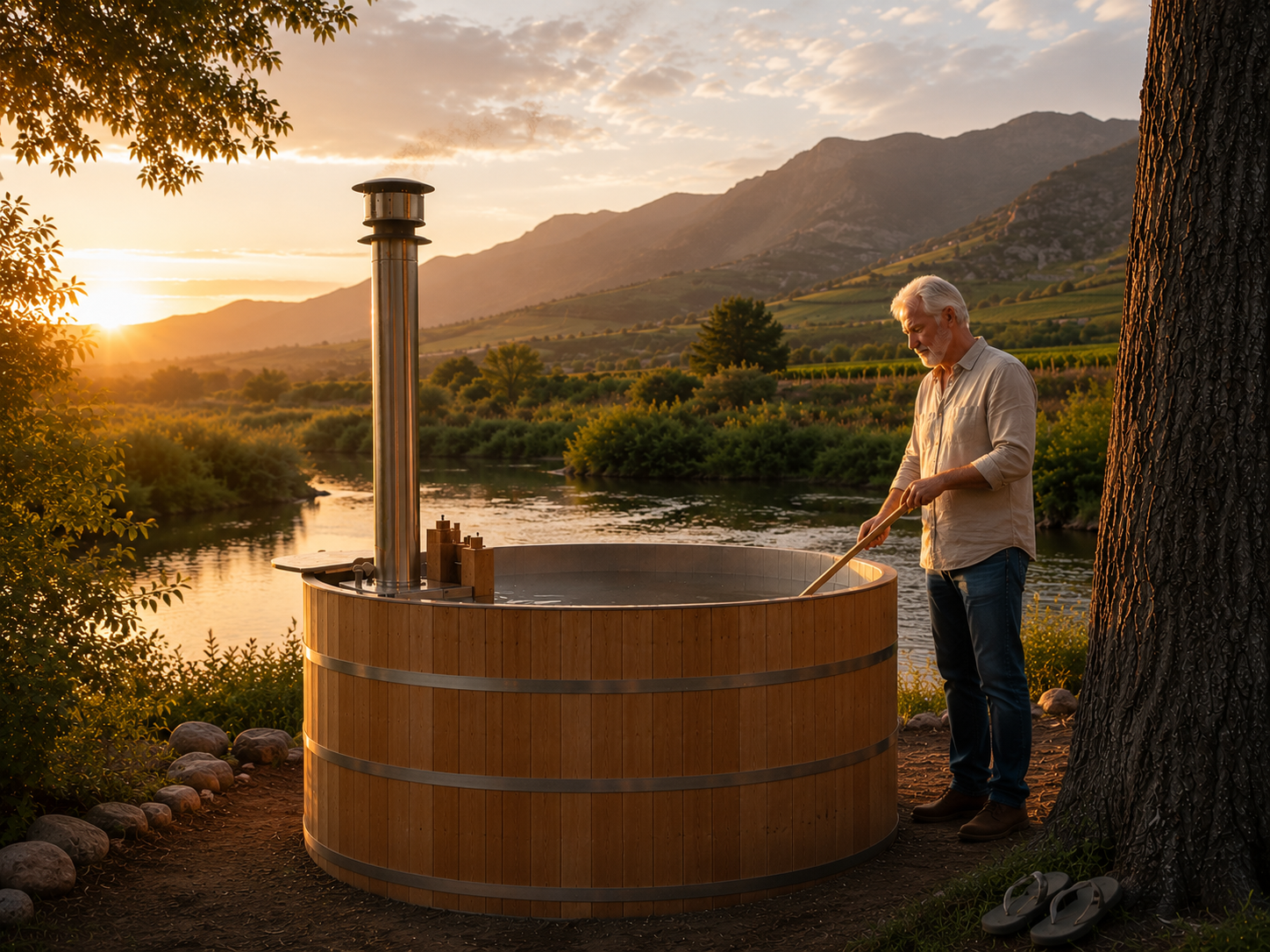 Outdoor sauna and hot tub retreat at sunset